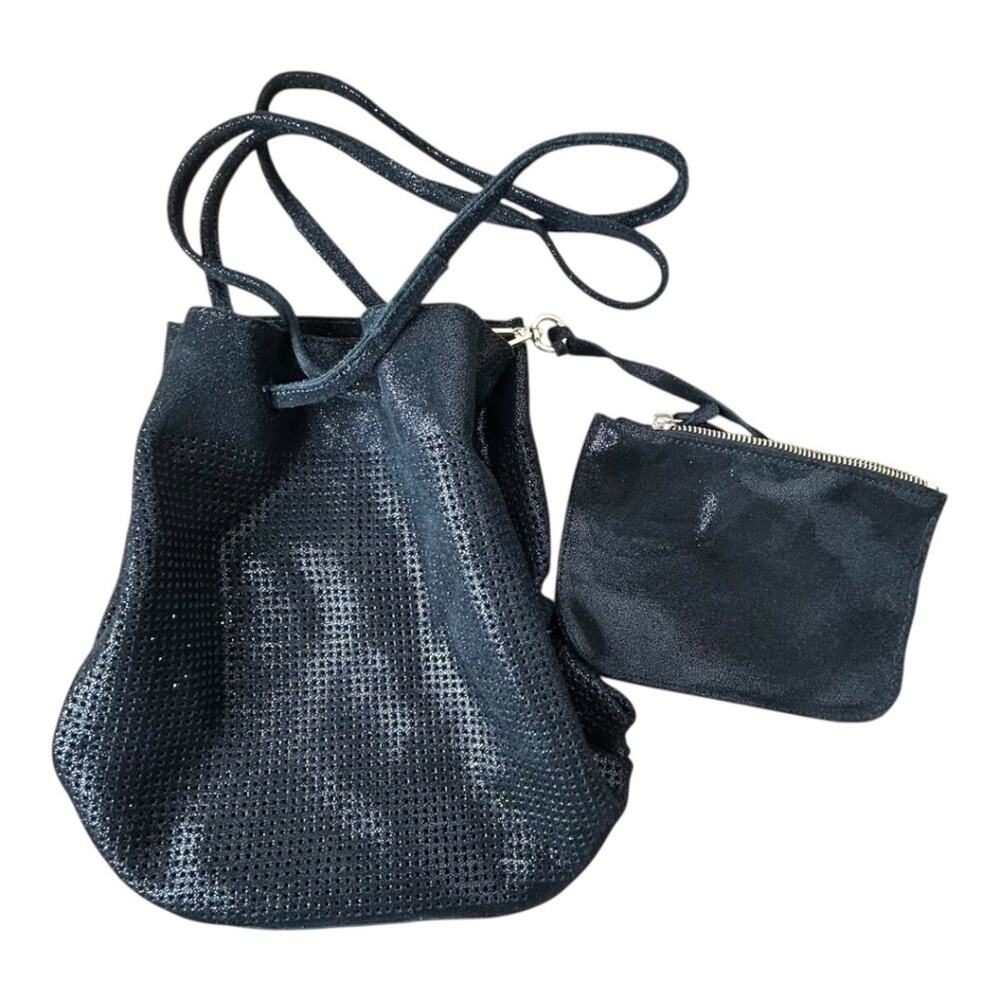 Moda Luxe Perforated Black Leather Suede Bucket Shoulder Bag with Pouch